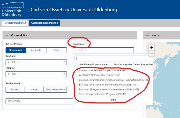 Programmauswahl bei Mobility online